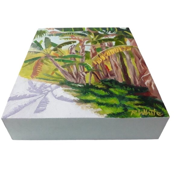 “Banana Trees“ Original oil painting on Cradled Wood Panel 8"w x 10"h x 2"d - Picture 3 of 9